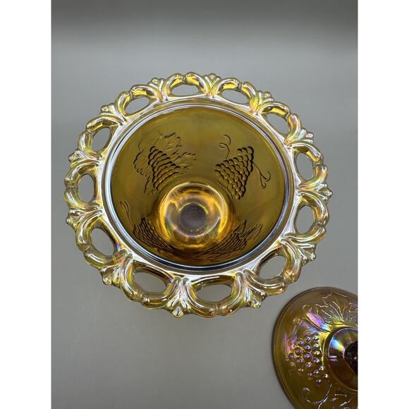 Vintage Indiana Marigold Harvest Grapes Pattern 6.85" Tall Candy Dish with Lid - Picture 3 of 6